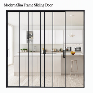 KOMPSTAR Linear Design Aluminum Sliding Glass Door Black Slim Border Partition With Vertical Bars For Modern Home Kitchen